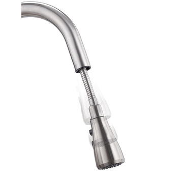 Close-up view of the brushed stainless steel pull-out sprayer head of a kitchen faucet. The flexible, coiled hose connecting the sprayer to the main spout is partially visible.