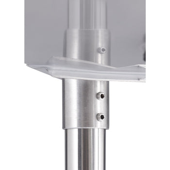 A close-up shows a shiny, silver metal pole with two visible set screws on a thicker section. A clear plastic or acrylic shelf is attached to the pole above this section.