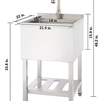 A stainless steel utility sink with a faucet stands on four legs, featuring a lower shelf for storage. Dimensions are labeled, indicating a total height of 49.2 inches and a basin width of 21.5 inches, and depth of 22 inches.
