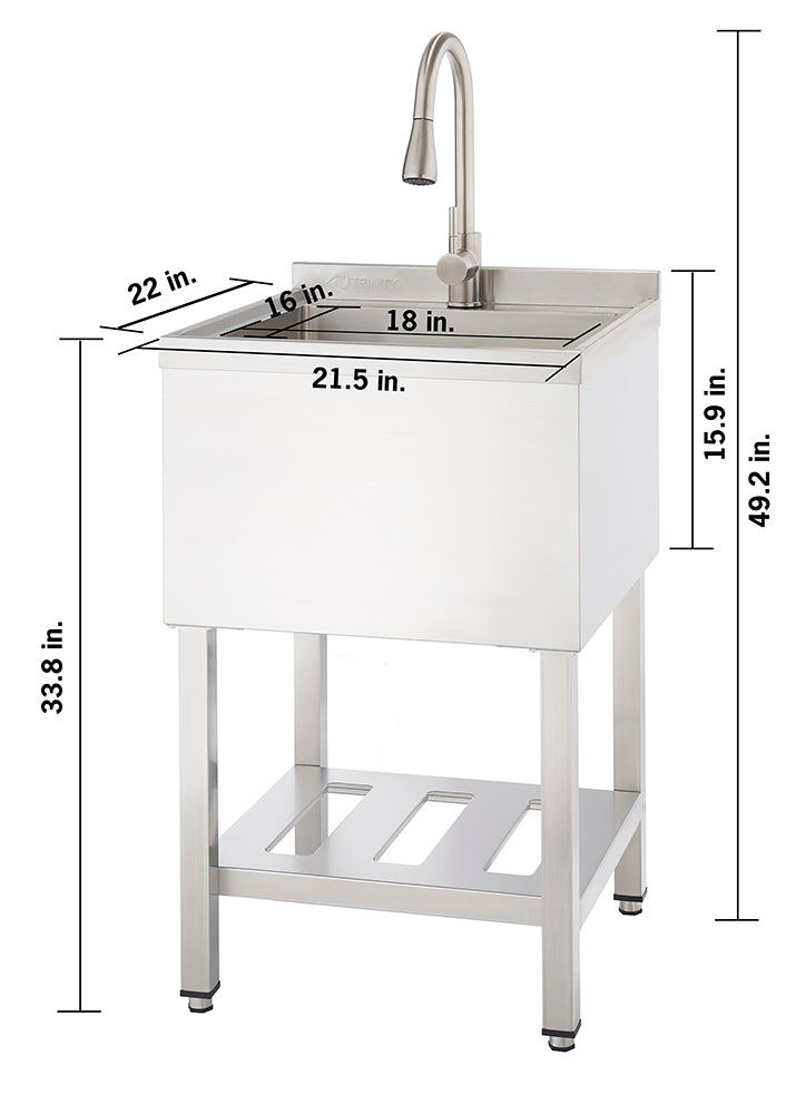 A stainless steel utility sink with a faucet stands on four legs, featuring a lower shelf for storage. Dimensions are labeled, indicating a total height of 49.2 inches and a basin width of 21.5 inches, and depth of 22 inches.