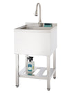 A stainless steel utility sink with a faucet is shown against a white background. The sink stands on four legs with an open shelf below, holding two spray bottles.