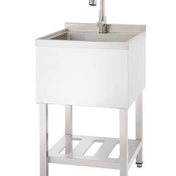 A shiny, stainless steel utility sink stands on four legs with a lower shelf. A gooseneck faucet is mounted on the back wall of the sink basin.