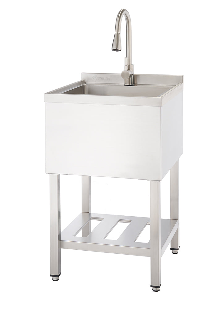 A shiny, stainless steel utility sink stands on four legs with a lower shelf. A gooseneck faucet is mounted on the back wall of the sink basin.
