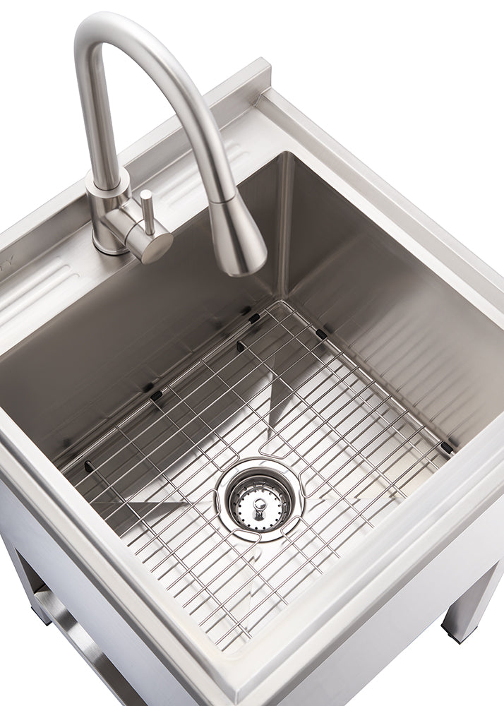 A top-down view shows a stainless steel utility sink with a high-arc faucet on the left. A wire grid rack sits at the bottom of the basin, above the drain.