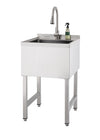 A freestanding utility sink made of brushed stainless steel features a gooseneck faucet and a small bottle of soap on its right edge. The sink stands on four sturdy square legs with adjustable feet, set against a plain white background.