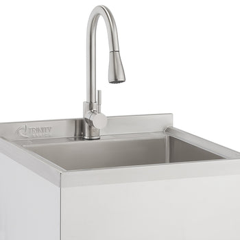 A close-up shot shows a stainless steel utility sink with a modern, brushed nickel gooseneck faucet. The sink cabinet is white, and the 