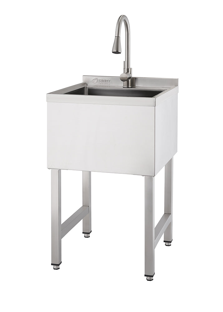 A modern, freestanding utility sink made of stainless steel is shown against a white background. The sink features a single basin with a gooseneck faucet mounted on the back wall and rests on four sturdy legs with adjustable feet.
