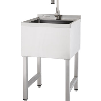 A modern, freestanding utility sink made of stainless steel is shown against a white background. The sink features a single basin with a gooseneck faucet mounted on the back wall and rests on four sturdy legs with adjustable feet.
