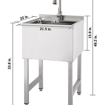 Stainless steel utility sink with a high-arc faucet and four sturdy legs. Dimensions are labeled: 49.2 in total height, 33.8 in sink height, 22 in depth, 21.5 in width, 18 in and 16 in basin interior, and 15.9 in backsplash height.