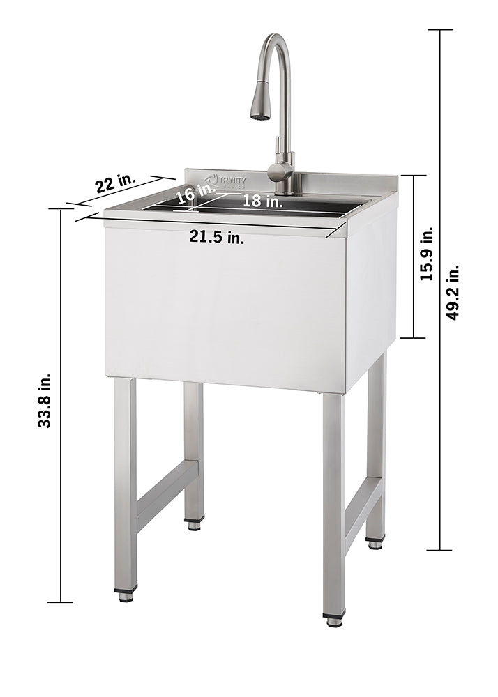 Stainless steel utility sink with a high-arc faucet and four sturdy legs. Dimensions are labeled: 49.2 in total height, 33.8 in sink height, 22 in depth, 21.5 in width, 18 in and 16 in basin interior, and 15.9 in backsplash height.