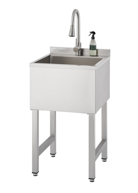 A freestanding stainless steel utility sink with a tall pull-down faucet and a small spray bottle resting on the back ledge. The unit features a deep rectangular basin supported by four square metal legs with adjustable leveling feet and a cross-bar for stability.