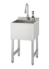 A freestanding stainless steel utility sink with a tall pull-down faucet and a small spray bottle resting on the back ledge. The unit features a deep rectangular basin supported by four square metal legs with adjustable leveling feet and a cross-bar for stability.