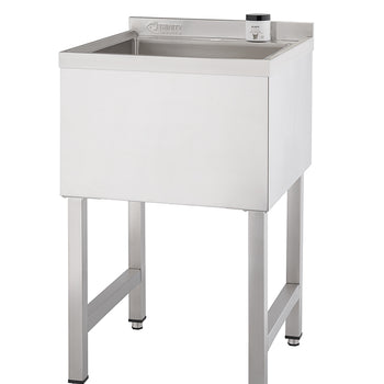 A rectangular, stainless steel utility sink with a deep basin stands on four square legs. A small, dark-colored container sits on the narrow ledge to the right of the basin.