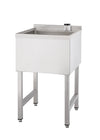 A rectangular, stainless steel utility sink with a deep basin stands on four square legs. A small, dark-colored container sits on the narrow ledge to the right of the basin.