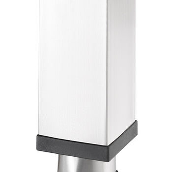 A close-up shot shows the bottom of a brushed metal square table leg, featuring a black plastic foot with a tapered silver tip.