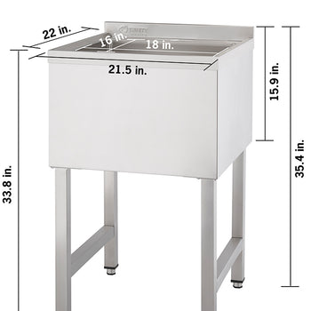 Stainless steel utility sink with four legs and backsplash, shown with detailed measurements. Dimensions include 21.5 inches wide, 22 inches deep, and 35.4 inches tall with a 16 by 18-inch basin and 15.9-inch depth.