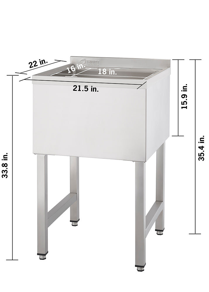 Stainless steel utility sink with four legs and backsplash, shown with detailed measurements. Dimensions include 21.5 inches wide, 22 inches deep, and 35.4 inches tall with a 16 by 18-inch basin and 15.9-inch depth.