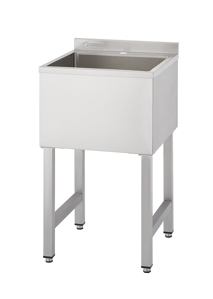 A stainless steel, free-standing utility or laundry sink is shown from a slight angle. The sink features a single deep basin, a backsplash with the "TRINITY" logo, and four square metal legs with adjustable feet.