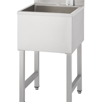 A close-up, studio shot shows a stainless steel utility or commercial prep sink manufactured by TRINITY PRO, standing on four square legs with adjustable feet. A small jar labeled 