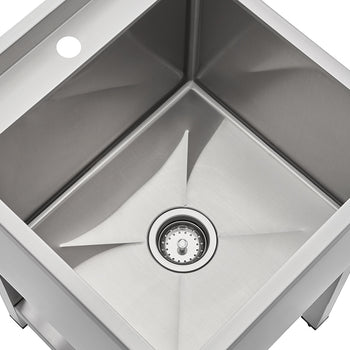 A close-up view of a square, stainless steel utility or prep sink, featuring sharp corners and a drain located in the center of the base. There is a single, circular faucet hole visible on the top left rim.
