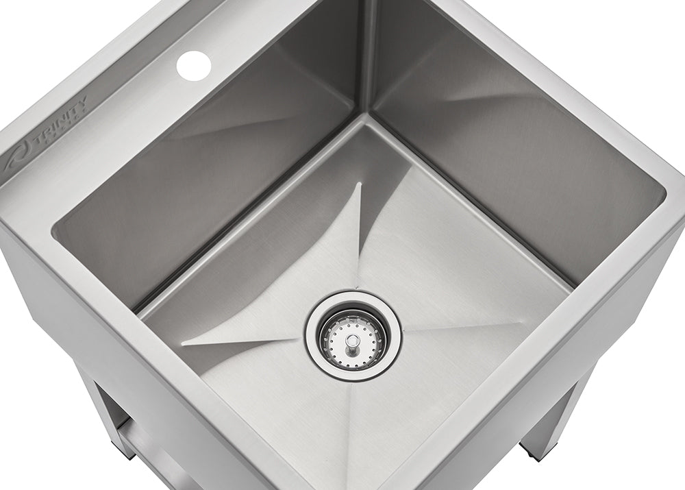 A close-up view of a square, stainless steel utility or prep sink, featuring sharp corners and a drain located in the center of the base. There is a single, circular faucet hole visible on the top left rim.