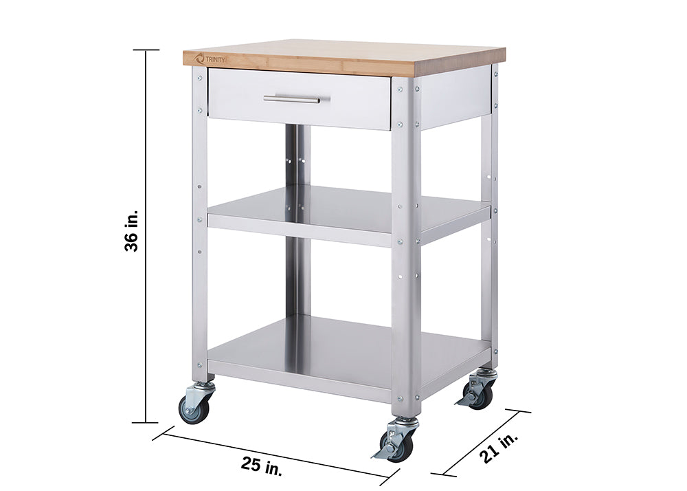 A stainless steel kitchen cart with a light wood butcher block top, one drawer, two shelves, and caster wheels is shown against a white background. The cart's dimensions are marked: 36 inches tall, 25 inches wide, and 21 inches deep.