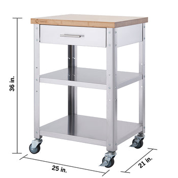 A stainless steel kitchen cart with a light wood butcher block top, one drawer, two shelves, and caster wheels is shown against a white background. The cart's dimensions are marked: 36 inches tall, 25 inches wide, and 21 inches deep.