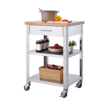 A stainless steel kitchen cart with a light wood butcher block top is shown on a white background. The cart features a drawer, two shelves, and four caster wheels, with various kitchen items staged on the top and shelves.