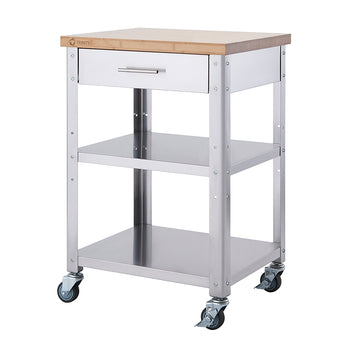 A stainless steel kitchen cart with a wooden top, a pull-out drawer, two open shelves, and four caster wheels for mobility. The cart has a modern design with a combination of metal and wood for durability and functionality.