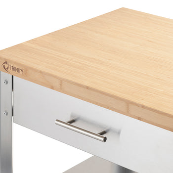 A close-up shot of a light-colored bamboo countertop with the 