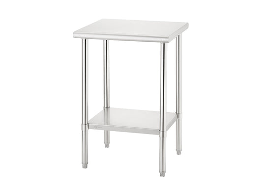 A clean, standalone studio shot of a stainless steel prep table with a bottom shelf. The table features four tubular legs and a polished, industrial-grade work surface.