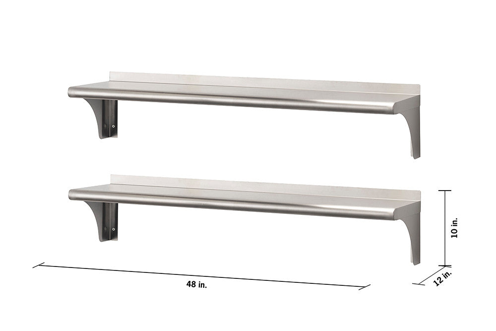 Two stainless steel wall-mounted shelves are shown against a white background. The shelves are 48 inches wide, 10 inches deep, and have a 12-inch high bracket.