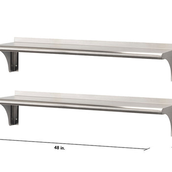 Two stainless steel wall-mounted shelves are shown against a white background. The shelves are 48 inches wide, 10 inches deep, and have a 12-inch high bracket.