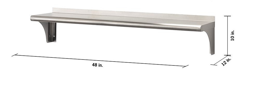 A stainless steel wall shelf with a backsplash is shown at a slight angle, highlighting its dimensions of 48 inches wide, 10 inches high, and 12 inches deep. The shelf is mounted on the wall with two support brackets.