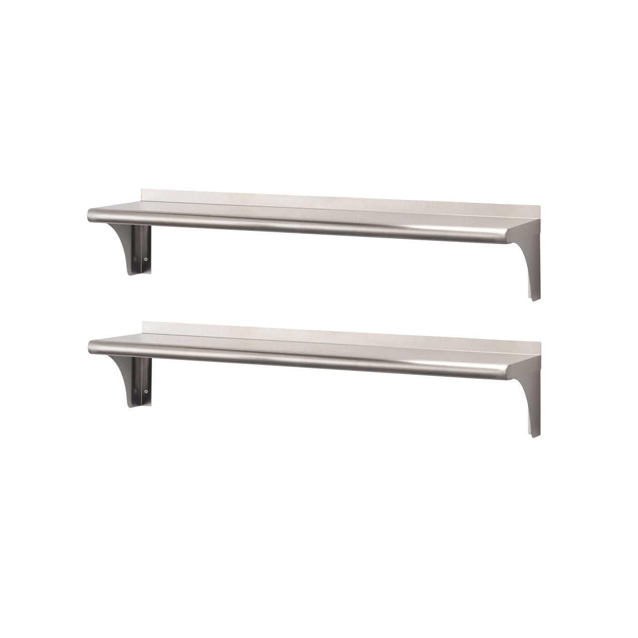 Two long, silver stainless steel shelves are mounted horizontally against a plain white background. Each shelf has a raised back edge and is supported by two brackets.