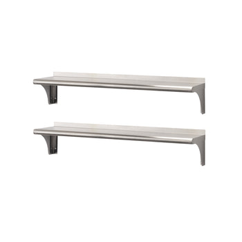 Two long, silver stainless steel shelves are mounted horizontally against a plain white background. Each shelf has a raised back edge and is supported by two brackets.