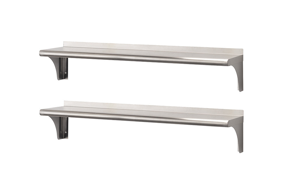 Two stainless steel wall shelves are displayed horizontally, one above the other, against a white background. Each shelf has a simple, modern design with a flat surface and a short backsplash.