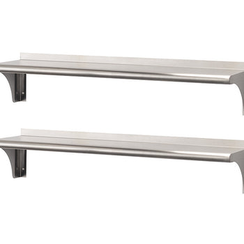 Two stainless steel wall shelves are displayed horizontally, one above the other, against a white background. Each shelf has a simple, modern design with a flat surface and a short backsplash.