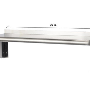 A stainless steel wall shelf is shown with dimensions labeled. The shelf is 36 inches wide, 10 inches tall, and 12 inches deep.