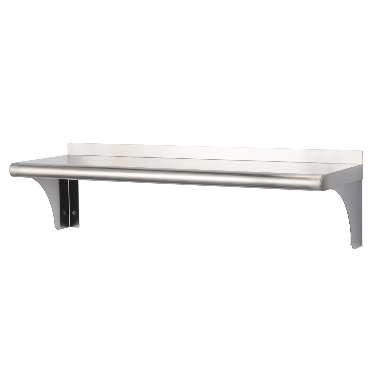 A stainless steel wall shelf is mounted against a white background. The shelf has a rounded front edge and is supported by two brackets.
