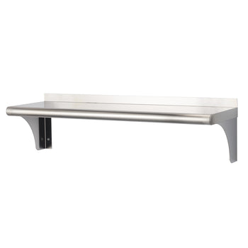 A stainless steel wall shelf is mounted against a white background. The shelf has a rounded front edge and is supported by two brackets.