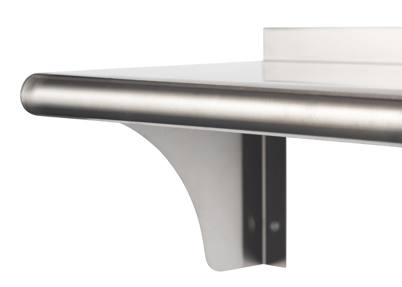 A close-up shot of a stainless steel wall shelf, showing a rounded edge and a support bracket. The shelf appears to be of commercial-grade quality, with a smooth, reflective surface.