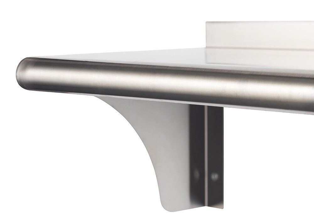 A close-up shows the corner of a stainless steel wall shelf with a rounded front edge and a curved support bracket. The shelf has a clean, industrial aesthetic against a plain white background.