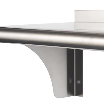 A close-up shows the corner of a stainless steel wall shelf with a rounded front edge and a curved support bracket. The shelf has a clean, industrial aesthetic against a plain white background.