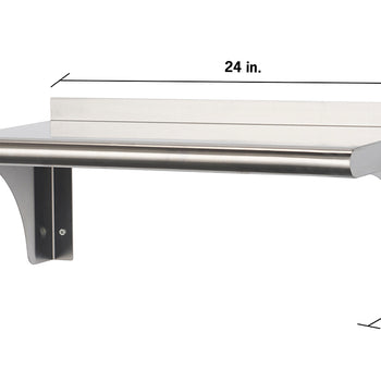A front-facing view shows a stainless steel wall-mounted shelf with rounded edges. The shelf is 24 inches wide, 10 inches high, and 12 inches deep, with a backsplash along the back edge.
