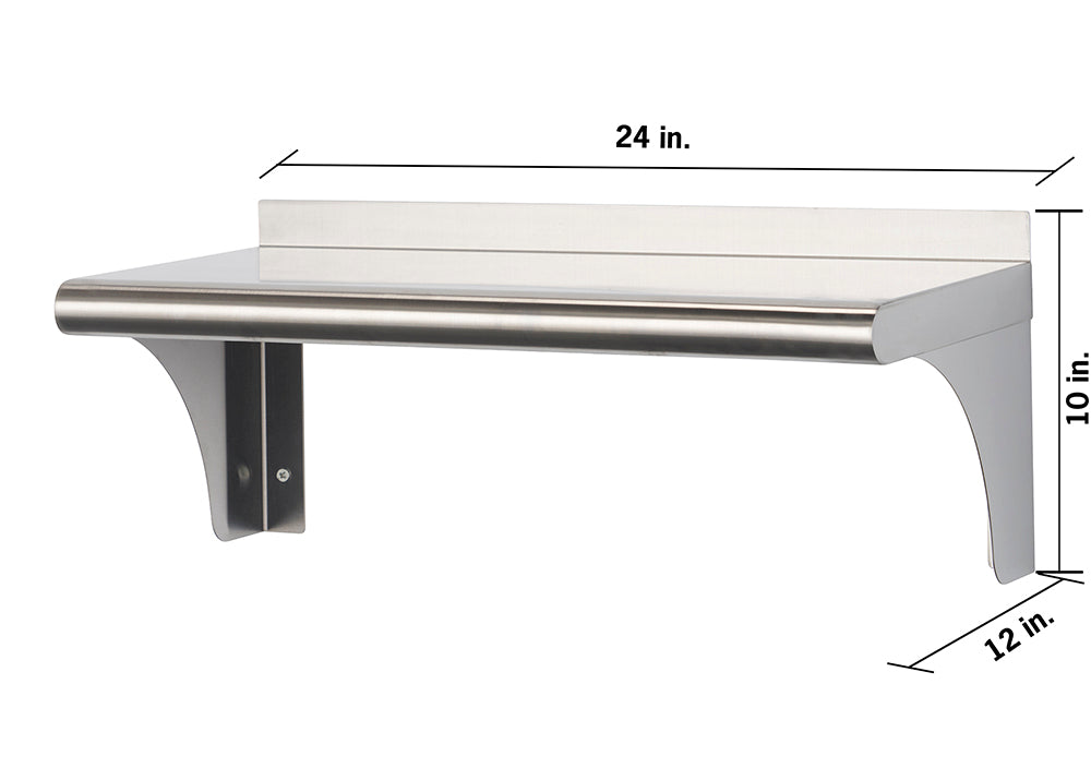 A front-facing view shows a stainless steel wall-mounted shelf with rounded edges. The shelf is 24 inches wide, 10 inches high, and 12 inches deep, with a backsplash along the back edge.