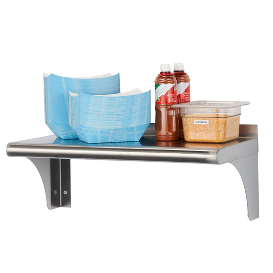 A stainless steel wall shelf with rounded edges holds two stacks of blue paper food trays, two bottles of hot sauce, and a clear plastic container of cornmeal. The shelf is mounted to a white wall and has two support brackets.