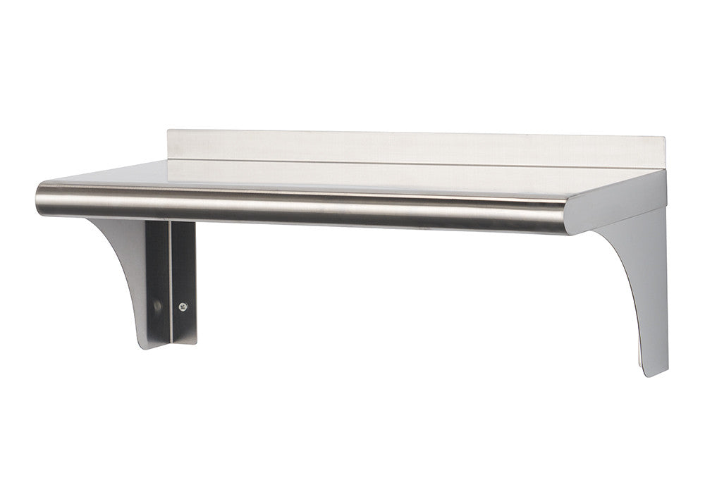 A stainless steel wall-mounted shelf with a rounded front edge and a raised back lip is shown against a white background. Two curved brackets support the shelf from underneath, and mounting holes are visible on the left bracket.