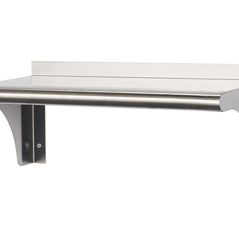 A stainless steel wall-mounted shelf with a rounded front edge and a raised back lip is shown against a white background. Two curved brackets support the shelf from underneath, and mounting holes are visible on the left bracket.