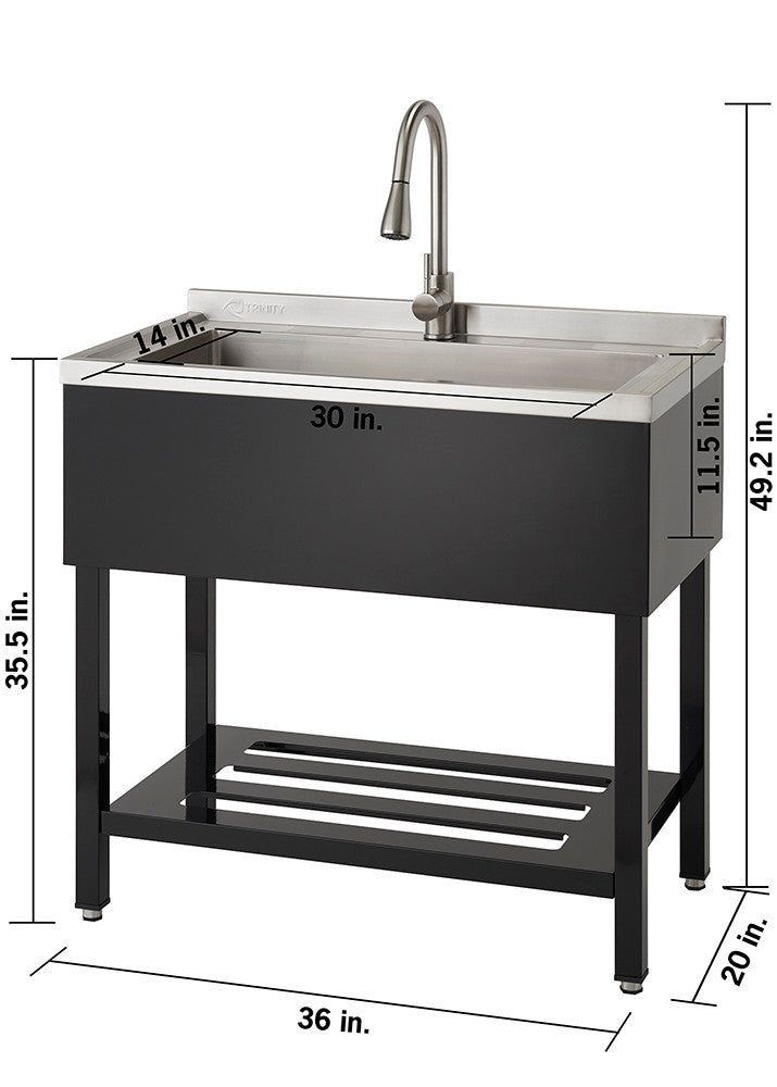 A freestanding stainless steel utility sink with a single bowl and a tall, curved faucet, depicted with dimensional measurements labeled in inches. The sink features a black base with a lower shelf composed of horizontal slats.